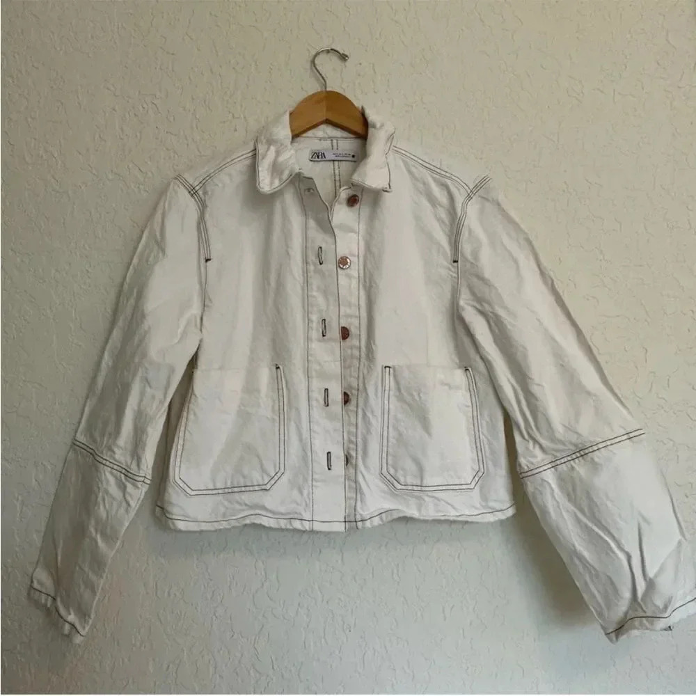 Zara cream denim chore barn jacket rose gold buttons size small 90s fall vintage